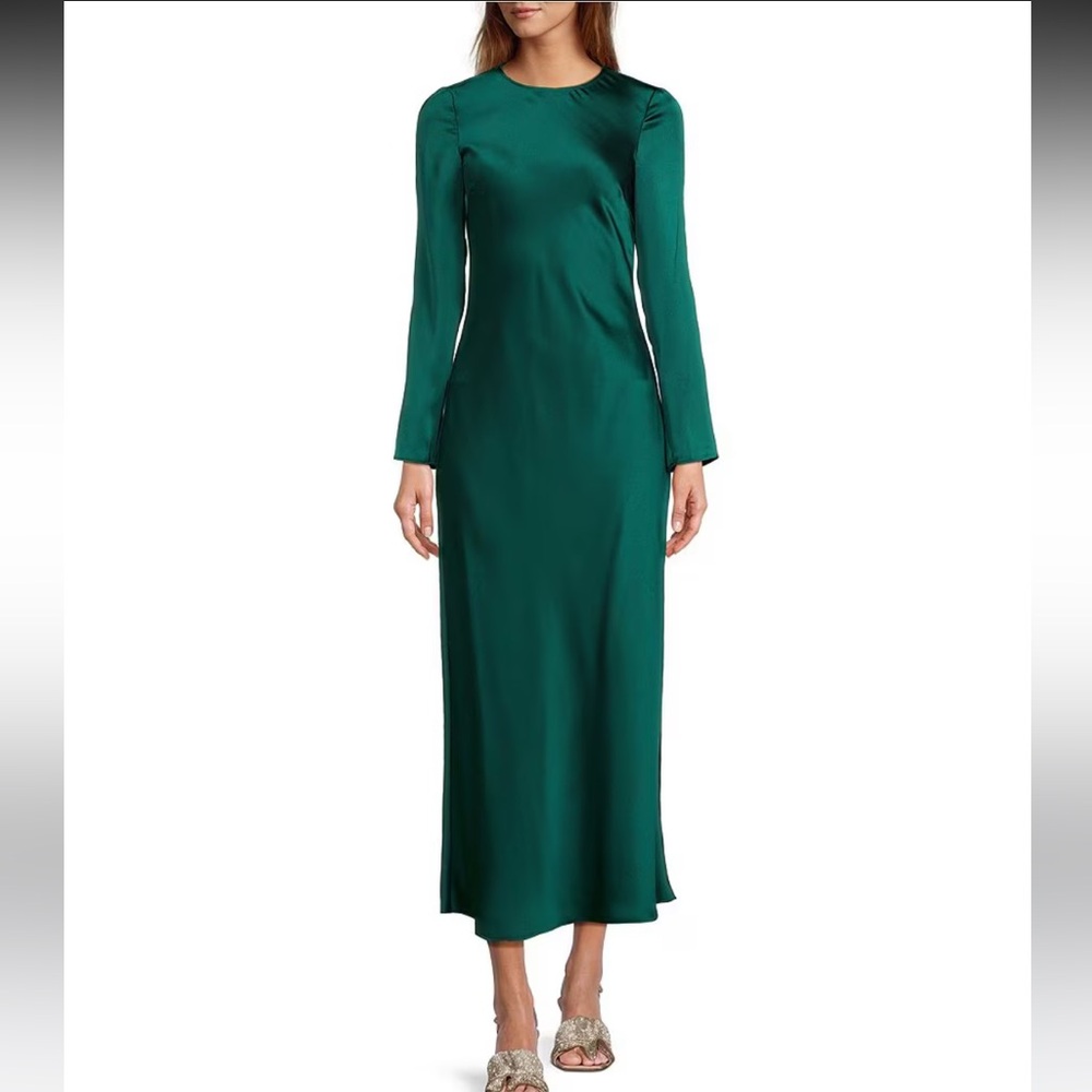 Emerald Green NWT Antonio Melani Asher Satin Crew Neck Long Sleeve Midi Dress